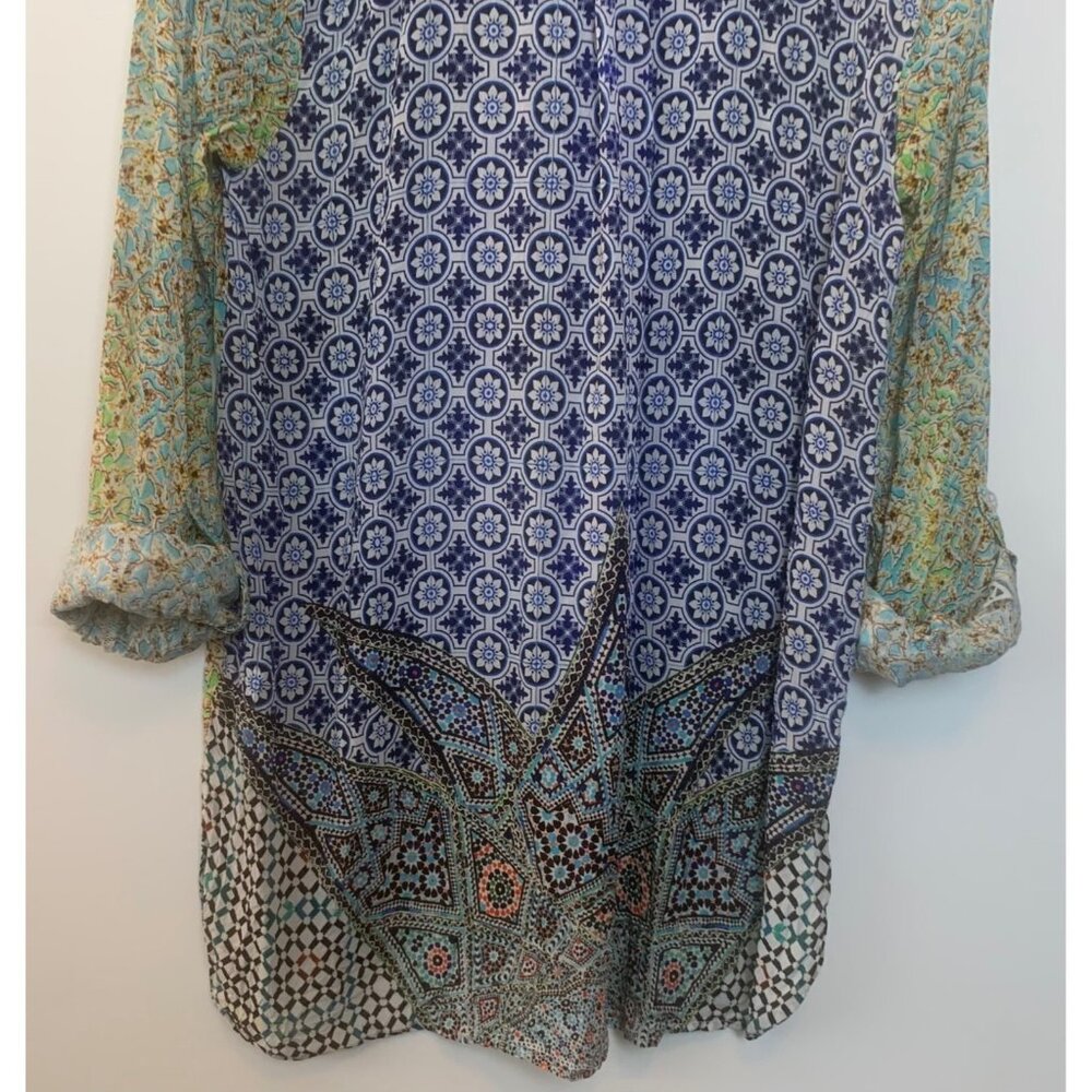 JAYSHREE DALAL Women's Tunic Colorful Mixed Pattern Roll Tab Sleeve Gems Sz L/XL - Picture 6 of 11